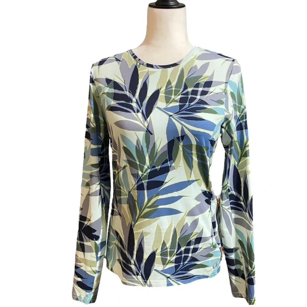Hang Ten Blue Tropical Print Long Sleeve UV Protection Shirt Women's Small